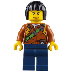 City Jungle Explorer Female - Dark Orange Shirt with Green Strap, Dark Blue Legs, Black Bob Cut Hair, Peach Lips Lopsided Smile – ГРАДСКИ