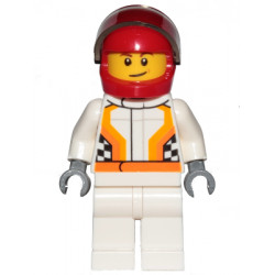 Race Car Driver, White Racing Suit with Orange Stripes and Checkered Pattern, Red Helmet, Crooked Smile with Brown Dimple – ГРАДСКИ
