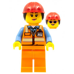 Airport Luggage Handler - Female, Orange Safety Vest with Reflective Stripes, Orange Legs, Red Construction Helmet with Dark Brown Ponytail Hair – ГРАДСКИ