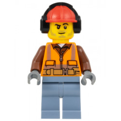 Construction Worker - Male, Orange Safety Vest, Reflective Stripes, Reddish Brown Shirt, Sand Blue Legs, Red Construction Helmet with Black Ear Protectors / Headphones, Stubble – ГРАДСКИ