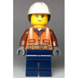 Construction Worker - Female, Orange Safety Vest, Reflective Stripes, Reddish Brown Shirt, Dark Blue Legs, White Construction Helmet with Dark Brown Ponytail Hair, Peach Lips – ГРАДСКИ