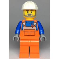 Construction Worker - Male, Orange Overalls with Reflective Stripe and Buckles over Blue Shirt, Orange Legs, White Construction Helmet, Beard – ГРАДСКИ