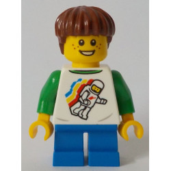 Child - Boy, Classic Space Shirt with Minifigure Floating and Back Print, Blue Short Legs, Reddish Brown Hair, Freckles – ГРАДСКИ