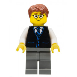 Launch Director - Male, Black Vest with Blue Striped Tie, Dark Bluish Gray Legs, Reddish Brown Short Tousled Hair, Glasses – ГРАДСКИ