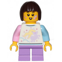 Child - Girl, White Shirt with Unicorn, Medium Lavender Short Legs, Dark Brown Bob Cut Hair, Rainbow on Cheek – ГРАДСКИ