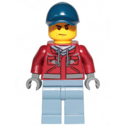 Explorer - Male, Dark Red Hooded Sweatshirt, Dark Blue Cap, Frown, Sweat Drops – ГРАДСКИ