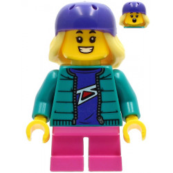 Child - Girl, Dark Turquoise Jacket over Dark Purple Shirt, Dark Pink Short Legs, Dark Purple Bicycle Helmet with Bright Light Yellow Hair – ГРАДСКИ