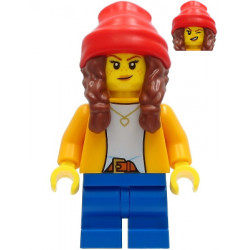 Girl - Bright Light Orange Jacket, Blue Medium Short Legs, Reddish Brown Hair with Braids and Red Beanie – ГРАДСКИ