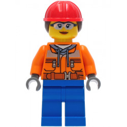 Construction Worker - Female, Orange Safety Jacket, Reflective Stripe, Sand Blue Hoodie, Blue Legs, Red Construction Helmet with Dark Brown Ponytail Hair, Safety Glasses – ГРАДСКИ