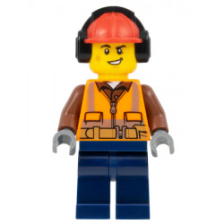 Construction Worker - Male, Orange Safety Vest, Reflective Stripes, Reddish Brown Shirt, Dark Blue Legs, Red Construction Helmet with Black Ear Protectors / Headphones, Lopsided Smile – ГРАДСКИ