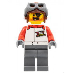 Stuntz Driver - Male, White Racing Jacket with Red Arms, Dark Bluish Gray Legs, Reddish Brown Aviator Cap, Eye Patch – ГРАДСКИ