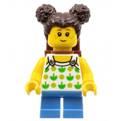 Child - Girl, White Halter Top with Green Apples and Lime Spots, Medium Blue Short Legs, Dark Brown Hair with Buns, Freckles, Reddish Brown Backpack – ГРАДСКИ