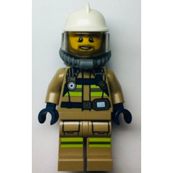 Fire - Reflective Stripes, Dark Tan Suit, White Fire Helmet, Open Mouth with Beard, Breathing Neck Gear with Blue Air Tanks – ГРАДСКИ