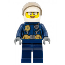 Police - City Motorcyclist Female, Leather Jacket with Gold Badge and Utility Belt, White Helmet, Trans-Brown Visor, Glasses, and Open Mouth Smile – ГРАДСКИ