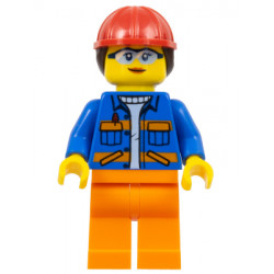 Construction Worker - Female, Blue Jacket with Diagonal Lower Pockets and Orange Stripes, Orange Legs, Red Construction Helmet with Dark Brown Ponytail Hair, Glasses – ГРАДСКИ