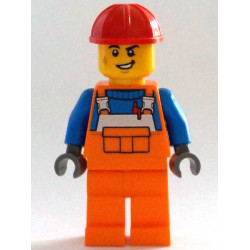 Construction Worker - Male, Orange Overalls with Reflective Stripe and Buckles over Blue Shirt, Orange Legs, Red Construction Helmet, Lopsided Smile – ГРАДСКИ