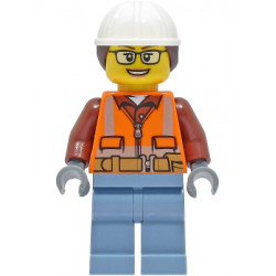Construction Worker - Female, Orange Safety Vest, Reflective Stripes, Reddish Brown Shirt, Sand Blue Legs, White Construction Helmet with Dark Brown Ponytail Hair, Glasses – ГРАДСКИ