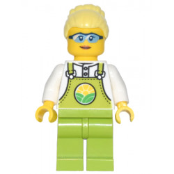 Farmer Peach - Lime Overalls over White Shirt, Lime Legs, Bright Light Yellow High Bun, Glasses – ГРАДСКИ