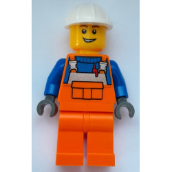 Construction Worker - Male, Orange Overalls with Reflective Stripe and Buckles over Blue Shirt, Orange Legs, White Construction Helmet, Open Lopsided Grin – ГРАДСКИ