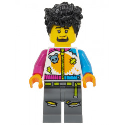 Stuntz Driver - Male, White Jumpsuit with Magenta and Dark Azure Arms, Dark Bluish Gray Legs, Black Tall Coiled Hair, Goatee – ГРАДСКИ
