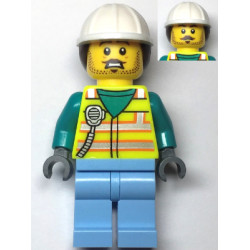 Utility Worker - Male, Neon Yellow Safety Vest with Radio, Bright Light Blue Legs, White Construction Helmet with Dark Brown Ponytail Hair, Moustache, Stubble – ГРАДСКИ