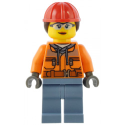 Construction Worker - Female, Orange Safety Jacket, Reflective Stripe, Sand Blue Hoodie, Sand Blue Legs, Red Construction Helmet with Dark Brown Ponytail Hair – ГРАДСКИ