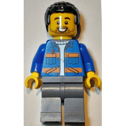 Lawn Mower Operator - Male, Blue Jacket with Diagonal Lower Pockets and Orange Stripes, Dark Bluish Gray Legs, Black Coiled Hair, Stubble – ГРАДСКИ
