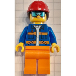 Construction Worker - Female, Blue Jacket with Diagonal Lower Pockets and Orange Stripes, Orange Legs, Red Construction Helmet with Dark Brown Ponytail Hair, Goggles – ГРАДСКИ
