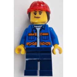 Construction Worker - Female, Blue Jacket with Diagonal Lower Pockets and Orange Stripes, Dark Blue Legs, Red Construction Helmet with Dark Brown Ponytail Hair – ГРАДСКИ