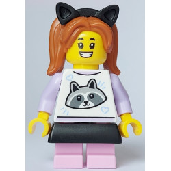 Child - Girl, White Top with Raccoon, Bright Pink Short Legs, Dark Orange Pigtails, Black Skirt and Cat Ears – ГРАДСКИ