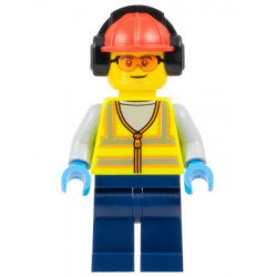 Airport Worker - Male, Neon Yellow Safety Vest, Dark Blue Legs, Red Construction Helmet with Black Ear Protectors / Headphones, Safety Glasses – ГРАДСКИ