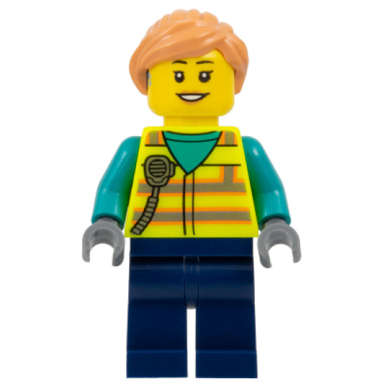 Airport Worker - Female, Neon Yellow Safety Vest with Radio, Dark Blue Legs, Nougat Ponytail Hair, Hearing Aid – ГРАДСКИ