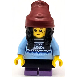 Child - Girl, Bright Light Blue Knit Fair Isle Sweater, Medium Lavender Short Legs, Dark Red Beanie with Black Hair, Black Skirt (TikTok Fan) – ГРАДСКИ
