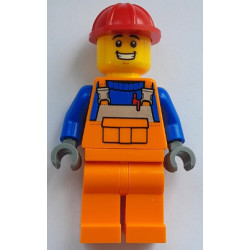 Construction Worker - Male, Orange Overalls with Reflective Stripe and Buckles over Blue Shirt, Orange Legs, Red Construction Helmet, Open Mouth Smile – ГРАДСКИ