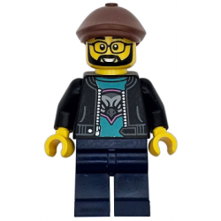 Race Truck Driver - Male, Black Jacket over Dark Turquoise Shirt with Hawk Head Logo, Dark Blue Legs, Reddish Brown Flat Cap, Beard, Glasses – ГРАДСКИ