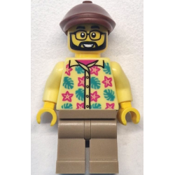Bus Passenger - Male, Bright Light Yellow Shirt with Flowers and Leaves, Dark Tan Legs, Reddish Brown Flat Cap – ГРАДСКИ