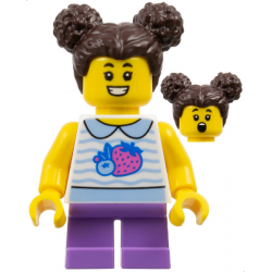 Child - Girl, White Collared Shirt with Fruit, Medium Lavender Short Legs, Dark Brown Hair with Buns – ГРАДСКИ