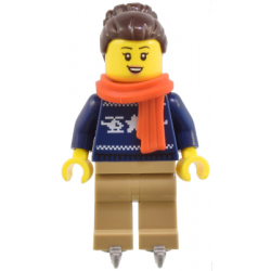 Woman - Dark Blue Holiday Sweater, Dark Tan Legs, Dark Brown Hair with Bun, Red Scarf, Ice Skates – ГРАДСКИ
