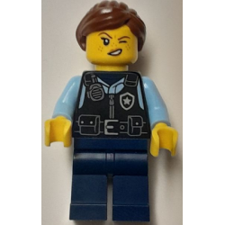 Police - City Officer Female, Black Safety Vest with Silver Star Badge Logo, Dark Blue Legs, Reddish Brown Hair with Ponytail – ГРАДСКИ