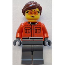 Formula 1 Race Crew Member - Female, Reddish Orange Racing Suit with Pockets, Dark Bluish Gray Legs, Reddish Brown Hair, Safety Glasses – ГРАДСКИ