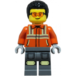 Construction Worker - Male, Reddish Orange Safety Jacket with Reflective Stripes, Dark Bluish Gray Legs with Knee Pads, Black Coiled Hair, Safety Glasses – ГРАДСКИ