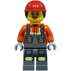 Construction Worker - Female, Dark Bluish Gray Overalls over Reddish Orange Safety Jacket with Reflective Stripes, Dark Bluish Gray Legs with Knee Pads, Red Construction Helmet with Dark Brown Ponytai – ГРАДСКИ