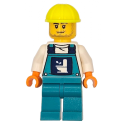 Toilet Soapbox Race Car Driver (Plumber) - Male, Dark Turquoise Overalls with Toilet Logo, Dark Turquoise Legs, Neon Yellow Construction Helmet, Stubble – ГРАДСКИ