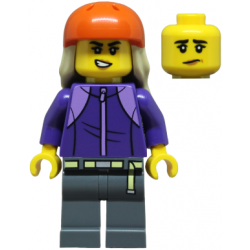 Skateboarder - Female, Dark Purple Tracksuit, Dark Bluish Gray Legs, Reddish Orange Sports Helmet, Tan Long Hair – ГРАДСКИ