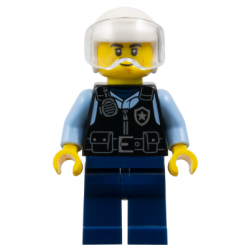 Police - City Officer Male, Black Safety Vest with Silver Star Badge Logo, Dark Blue Legs, White Helmet, Trans-Clear Visor, Lopsided Grin – ГРАДСКИ