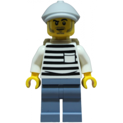 Police - City Jail Prisoner Male, White Shirt with Pocket and Black Stripes, Sand Blue Legs, Light Bluish Gray Flat Cap, Dark Tan Backpack – ГРАДСКИ