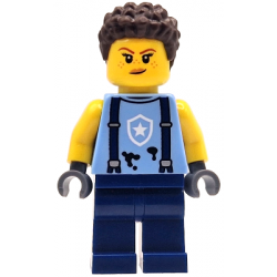 Police Mechanic - Female, Bright Light Blue Shirt with Suspenders, Black Splotches and White Star Badge Logo, Dark Blue Legs, Dark Brown Coiled Hair – ГРАДСКИ