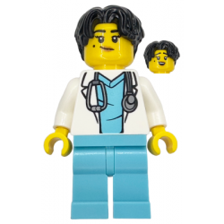 Doctor - Female, White Lab Coat with Stethoscope, Medium Azure Scrubs, Black Hair – ГРАДСКИ