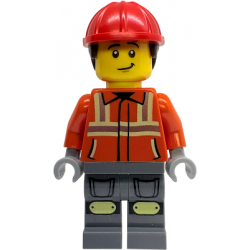 Construction Worker - Male, Reddish Orange Safety Jacket with Reflective Stripes, Dark Bluish Gray Legs with Knee Pads, Red Construction Helmet with Dark Brown Short Curly Hair – ГРАДСКИ