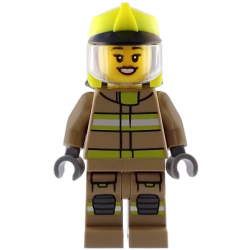Fire - Female, Dark Tan Jacket and Legs with Reflective Stripes, Neon Yellow Fire Helmet, Trans-Clear Visor, Open Mouth Smile – ГРАДСКИ